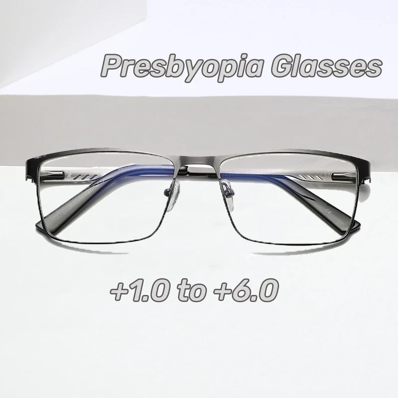 Gafas cuadradas de Metal con marco grande para hombre, lentes de lectura con resorte para presbicia para personas mayores, con bloqueo de luz azul, protección ocular