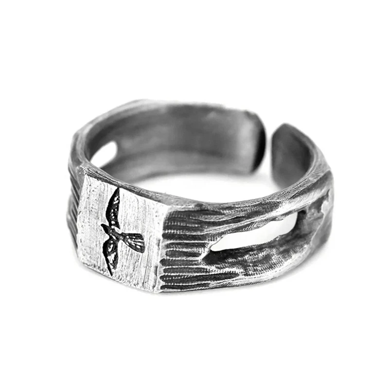Raven Signet Ring Men 999 Silver Handmade Vintage Antiqued Wide Open Adjustable Band Statement Ring