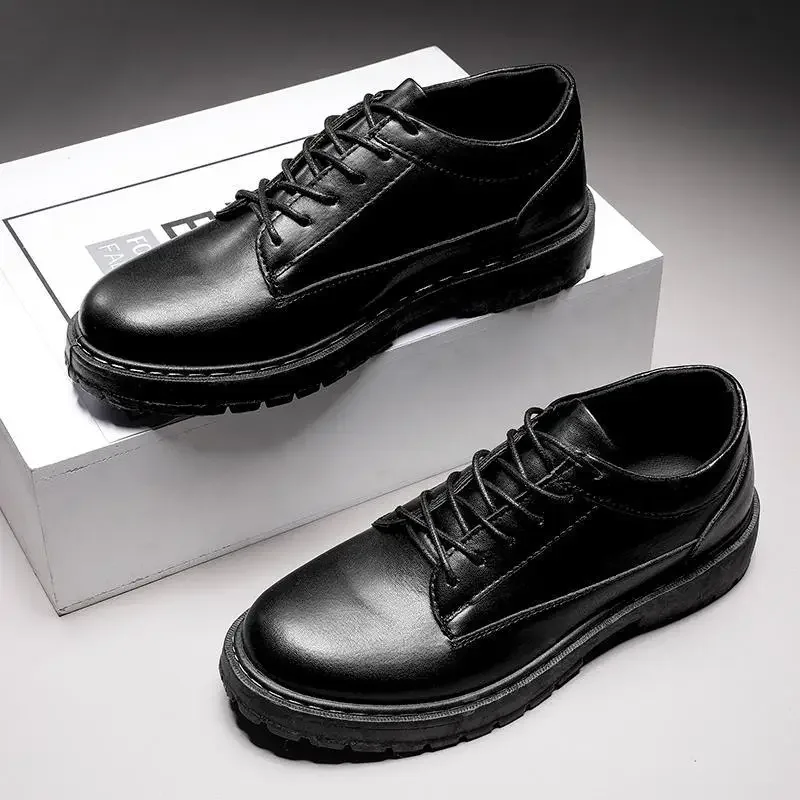 Men's Shoes Party British Style round Head Leisure Leather Shoes Black Business Formal Wear Platform Wedding Bridegroom