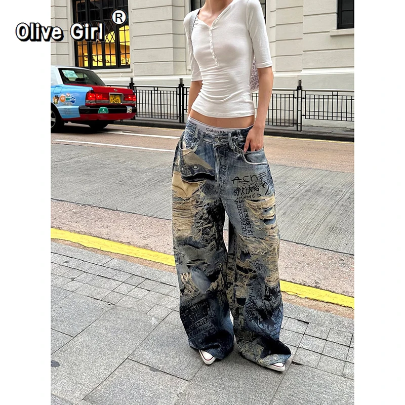 Jeans American High Street New Big Hole Dirty Dyed Female Y2K Harajuku Punk Popular Spice Girl Color Printing Extended Mop Pants