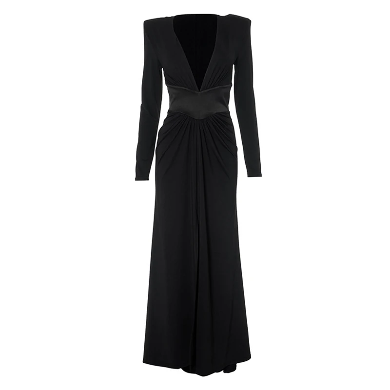 Sexy Abendkleid mit tiefem V-Ausschnitt und hohem Schlitz für formelle Anlässe, Schwarz mit gepolstertem Schulter-Abendkleid, elegantes Abendkleid mit hoher Taille und Tuniken