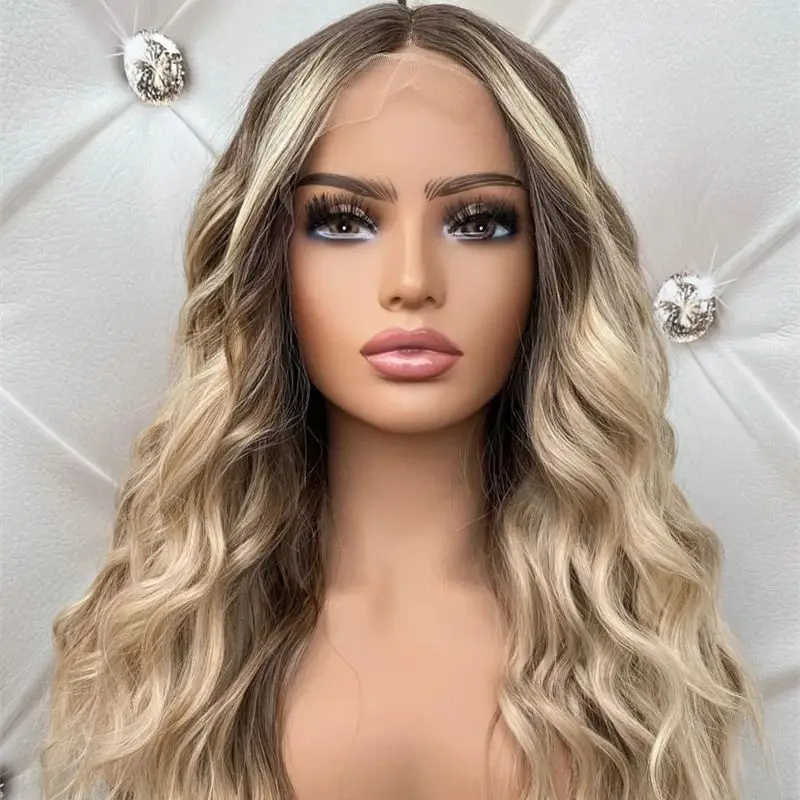 Ombre Creamy Ash Blonde Balayage Luxury Synthetic Lace Front Wig Party Daily Cosplay Wig Premium High Temperature Fiber Wig