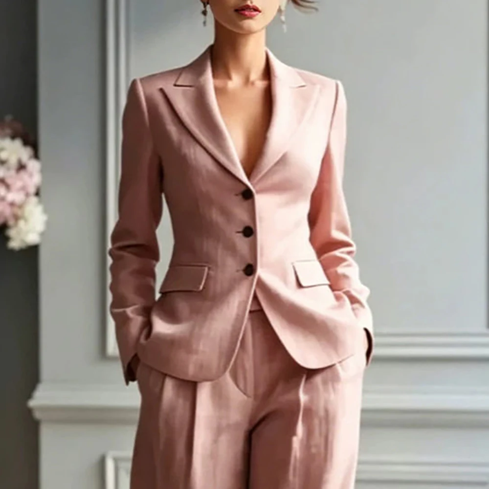 

Women's Faux Linen Blazer Two-Piece Set Elegant Lapel Single Breasted Jacket With High Waist Straight-Leg Trousers Business Sets