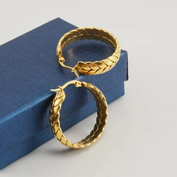 Vintage Woven Chain Wheat Stainless Steel Circle Hoop Earrings Creative Gold-Plated Metal Round Geometric Large Earring Jewelry