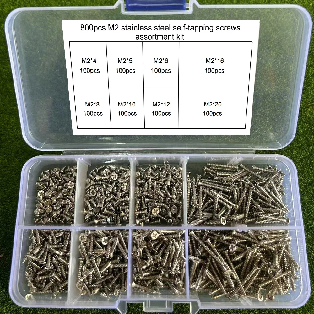 800 Pieces of M2 Stainless Steel Miniature Self-Tapping Screws, Self-Locking Wood Screws, Suitable for Wood and Metal Products.
