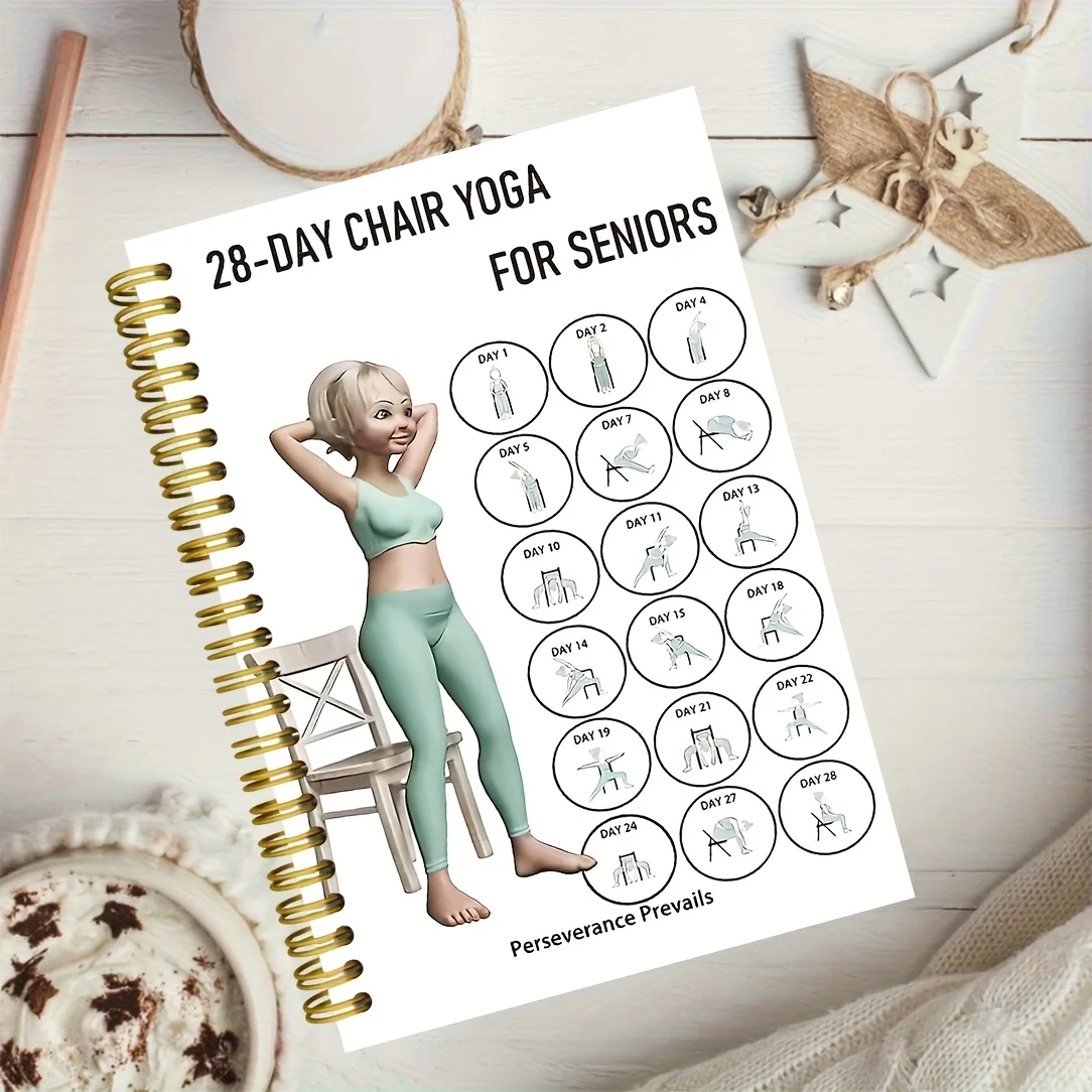 دفتر ملاحظات حلزوني لليوجا المتقدم لمدة 28 يومًا - كتاب سجل لتدريبات اللياقة البدنية في كبار اللياقة البدنية، 13.97 × 21.34 سم، ورق فارغ، متين