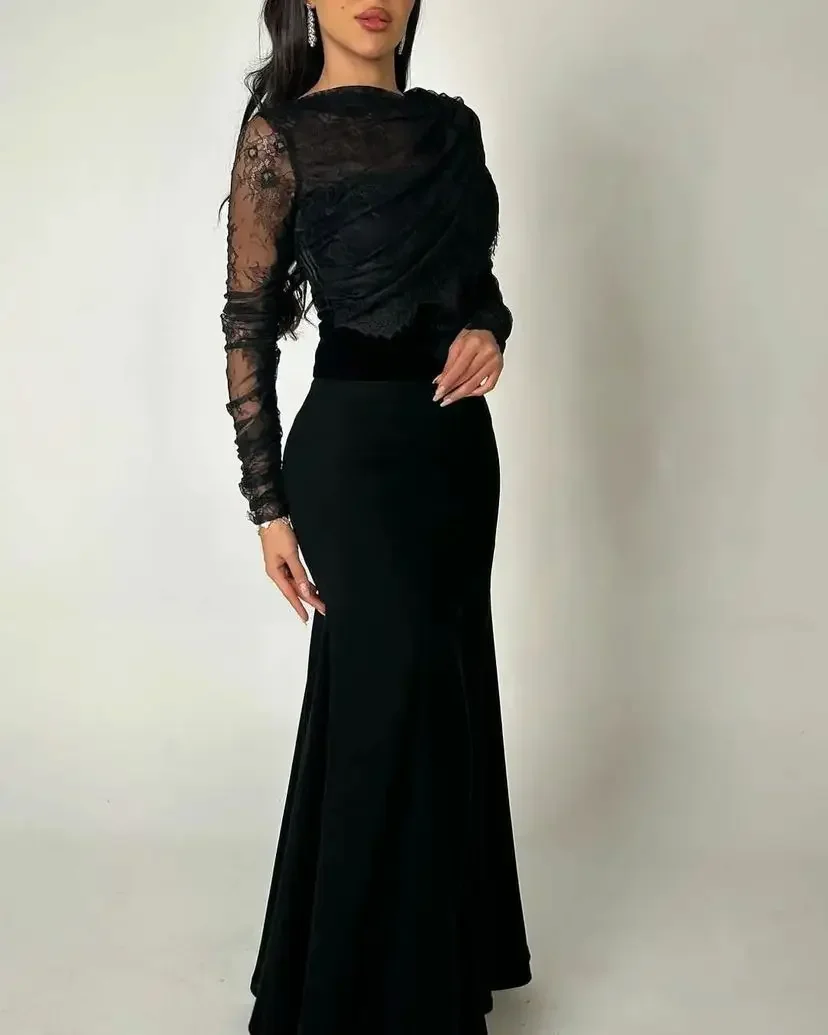 Vintage Black Prom Dresses A-Line Pleated Lace Evening Dress Ankle Length Zipper Formal Party Dresses فساتين مناسبة رسمية