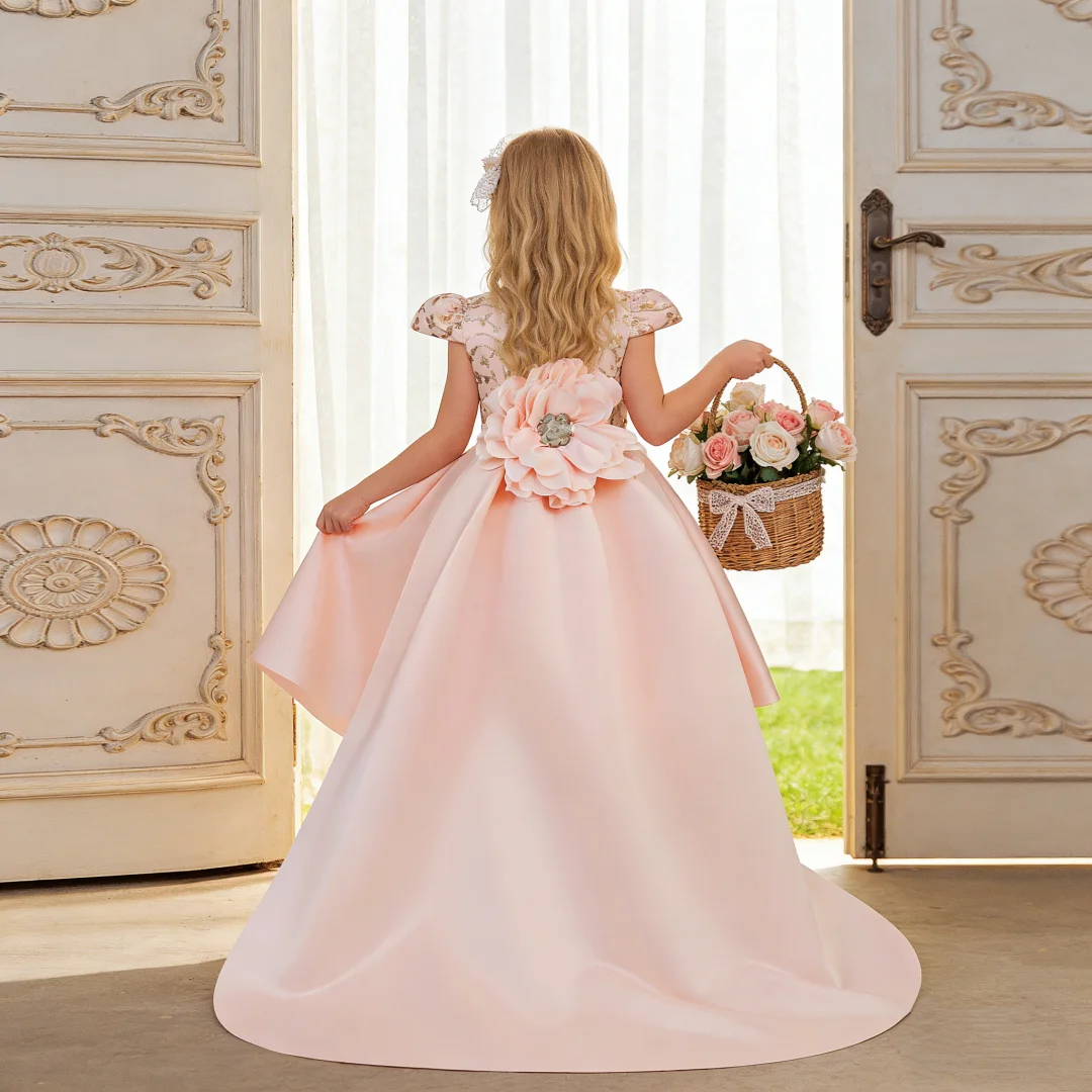 Girls' train gown with large floral design elegant and sophisticated princess dress unique gown gatherings piano recitals perfor