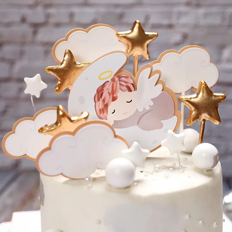 Cake Toppers Glitter DIY Angel moon baby Set Cupcake Topper Cake Flags Kids Boys Birthday Wedding Bride Party Baking Decor New