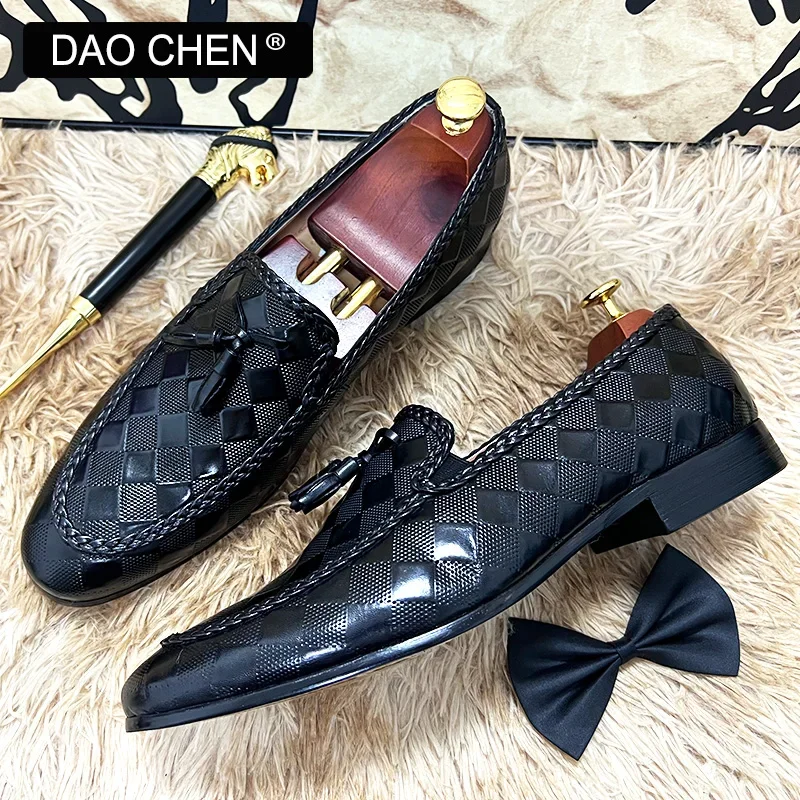 ITALIAN MEN LEATHER SHOES FASHION PLAID PRINT WEAVE CASUAL SHOES BLACK BROWN WEDDING OFFICE DRESS MAN SHOES LOAFERS MEN