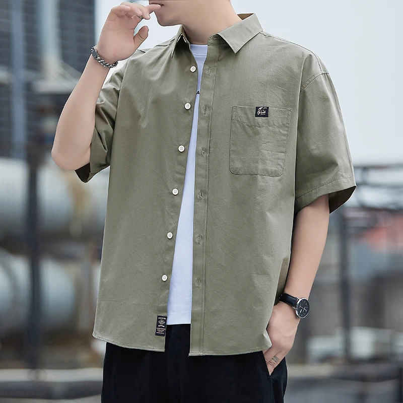 Trendy Men's Workwear Shirt Fashionable Pure Cotton Breathable Stretch Single-Pocket Half-Sleeve Casual Shirt Comfortable Top