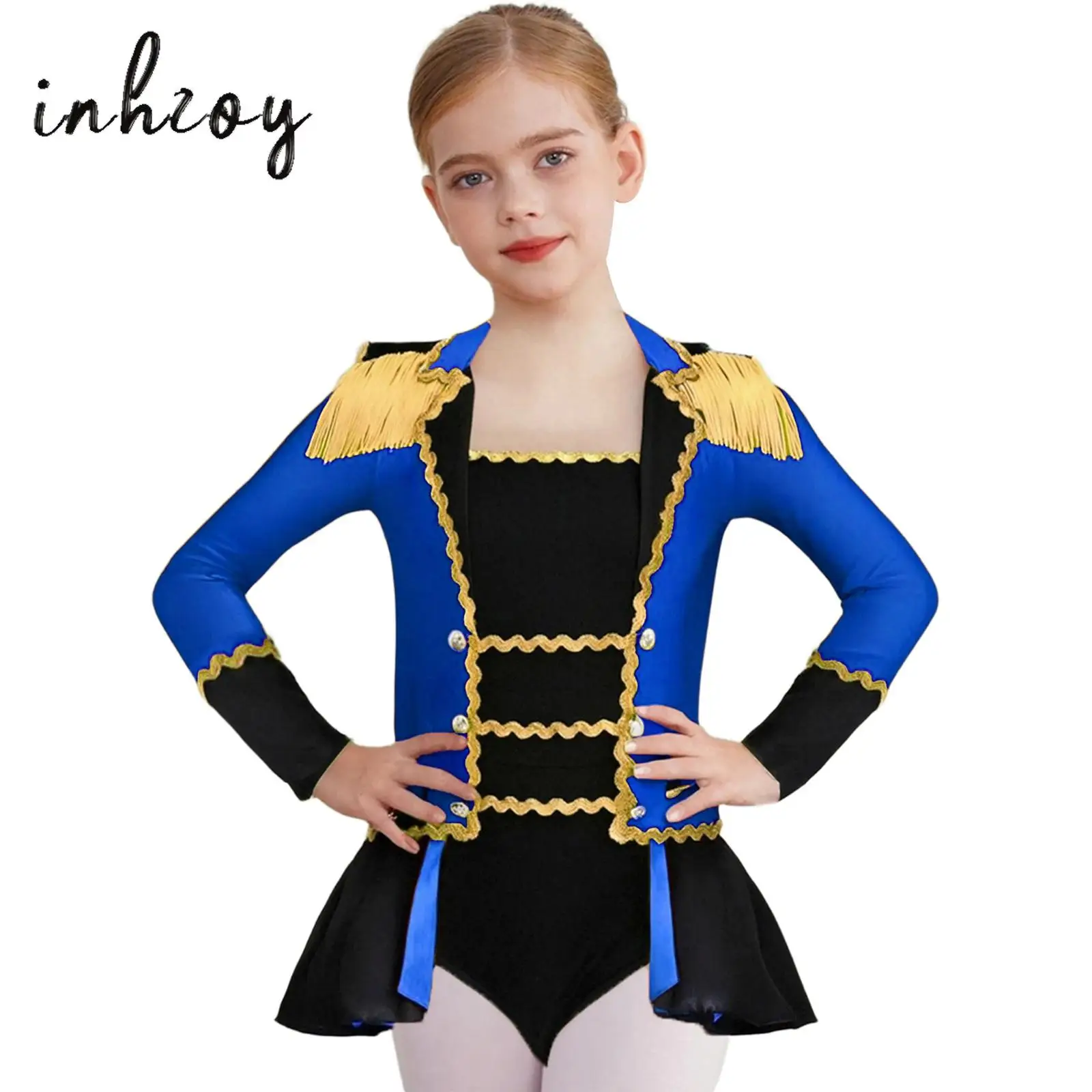 

Girls Circus Halloween Costumes Color Contrast Gold Webbing Trim Long Sleeve Shoulder Epaulets Tassels Pleated Overlay Jumpsuit