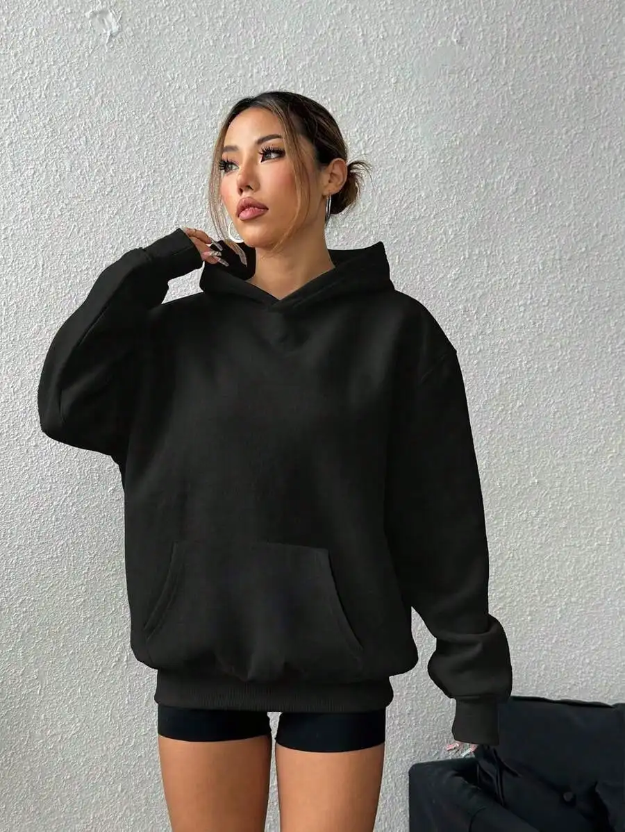 

Black Oversized Drop Shoulder Hoodie with Kangaroo Pocket for Fall Winter