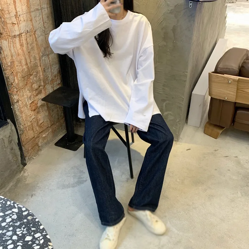 Women T-shirt Slit Loose Oversize Tees Solid Round Neck Simple Dress  Fashion Ladies  Casual Autumn  Long Sleeve Basic Tops