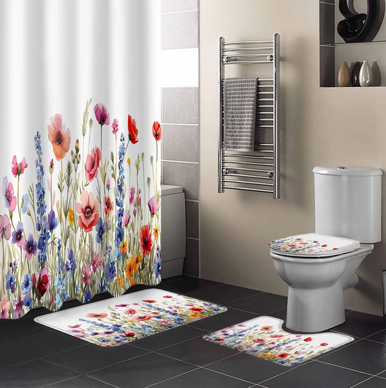 Flower Plant Watercolor Leaves Daisy Shower Curtain Set Non-Slip Rugs Bath Mat Toilet Lid Cover Waterproof Bathroom Curtain