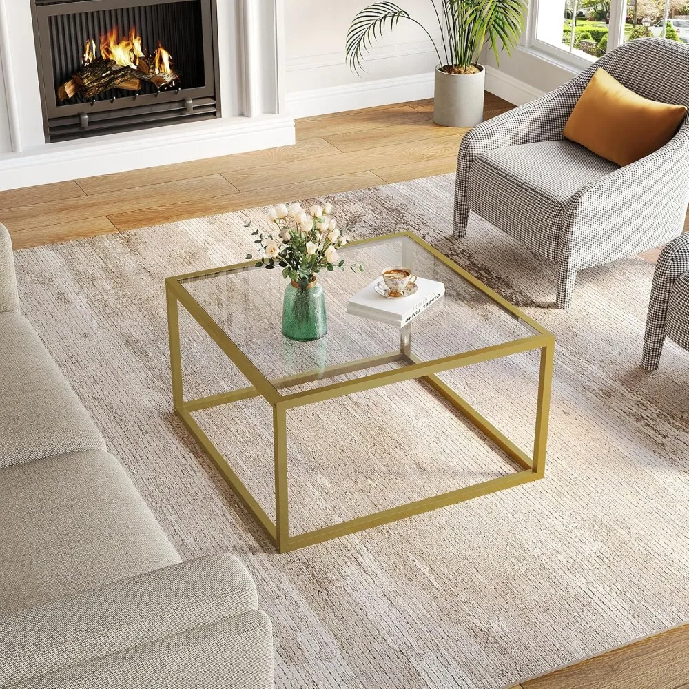 Golden modern glass coffee table, simple square central table for small spaces, for living room home office, easy to assemble