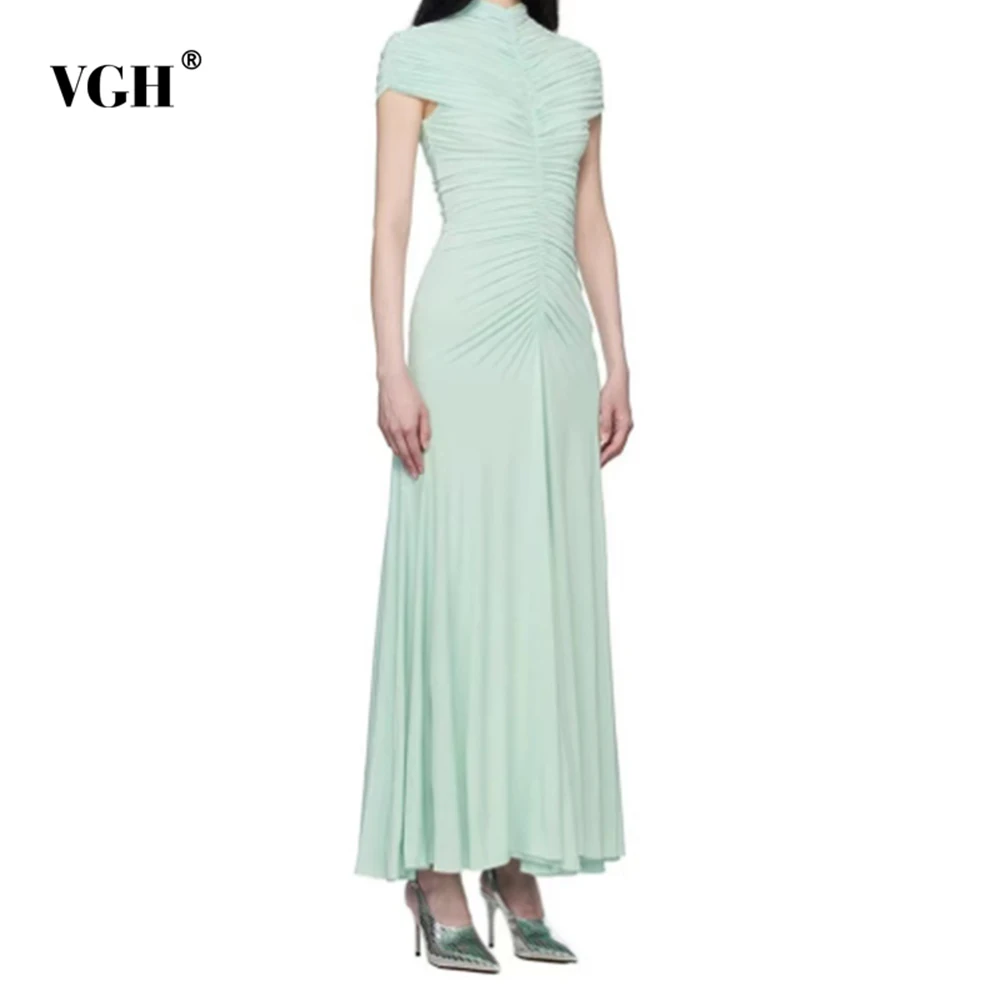 

VGH Temperament Slimming Solid Folds Dresses For Women Round Neck Short Sleeve High Waist Elegant Party Dress Female Fashion New