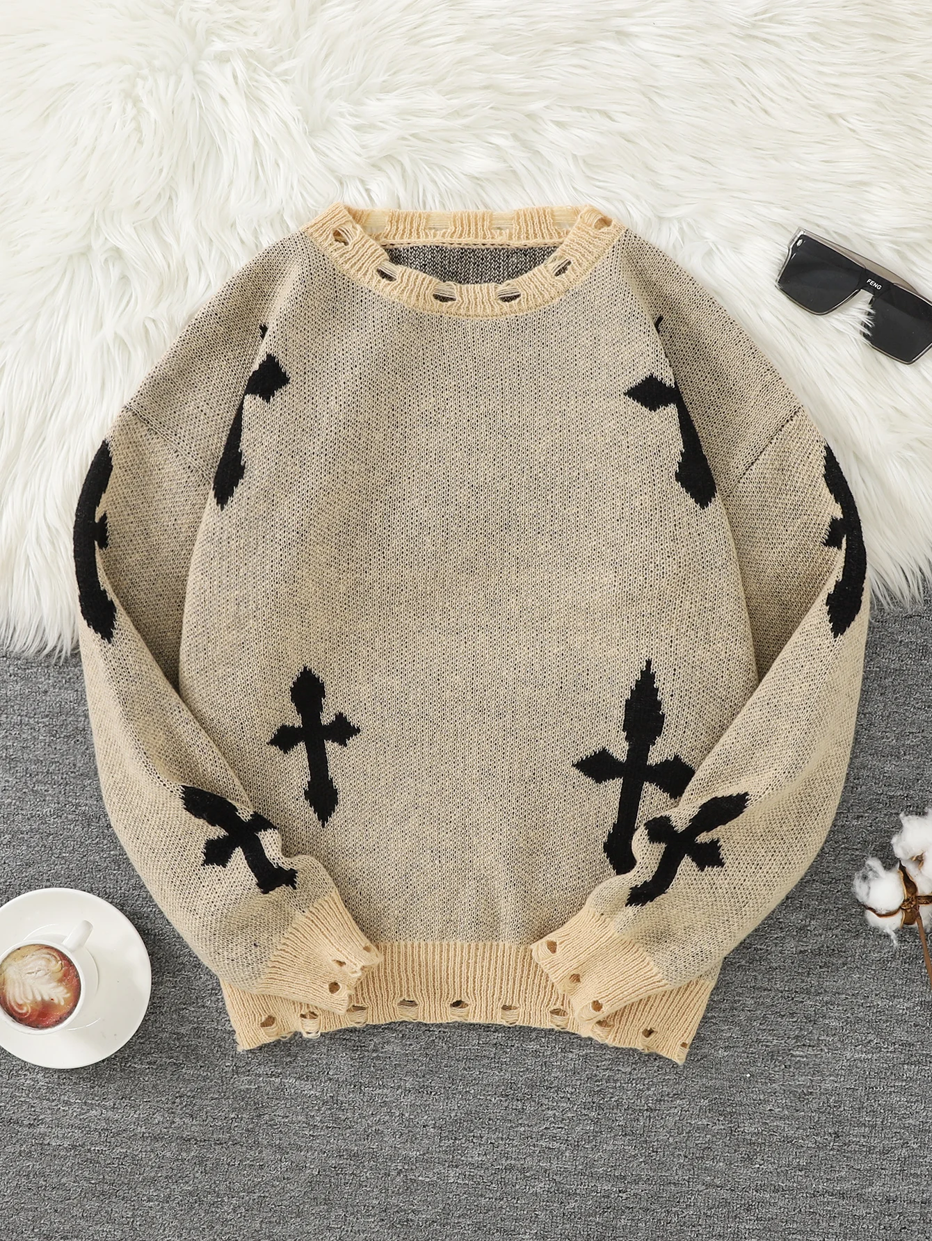 Pullover da uomo alla moda con motivo incrociato strappato stile street, maglione strappato, girocollo casual, lavorato a maglia