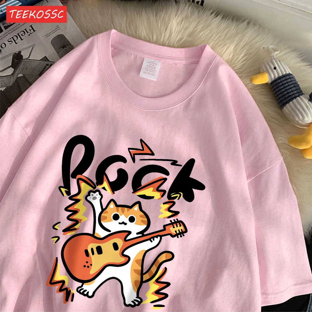 Rock Hip Hop Cat Cotton T-shirt da donna Cartoni animati Stampa Top Allentato O-Collo Comode magliette Estate Casual Donna Abbigliamento
