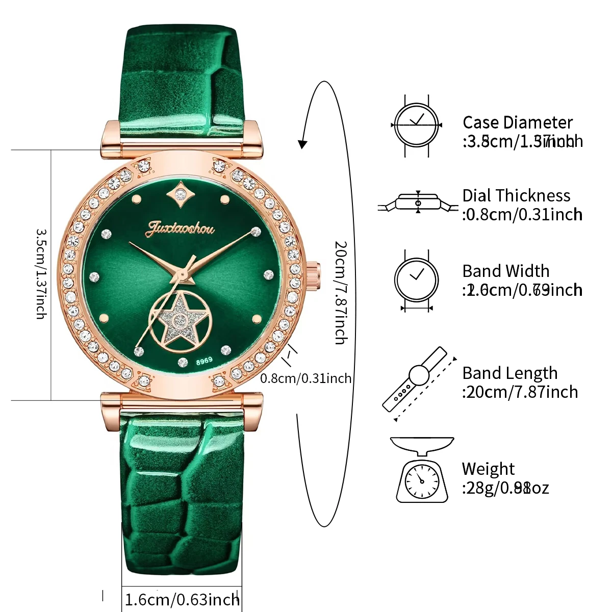 6 stks/set Dames Groen Lederen Band Quartz Horloge met Diamanten Sieraden Set