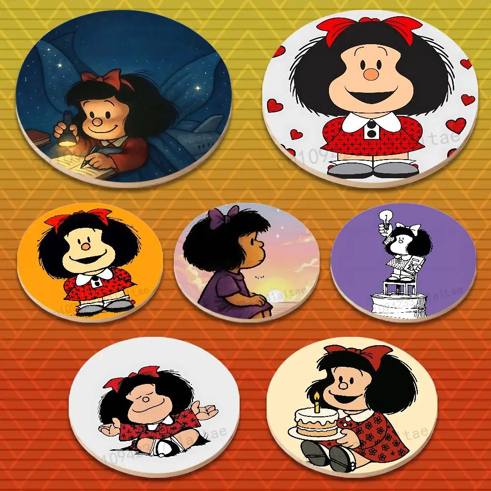 

Cute M-Mafaldas Comics Round Wooden Coasters Heat-Resistant Anti-slip for Drinks Tea,Coffee Home Decor Gift