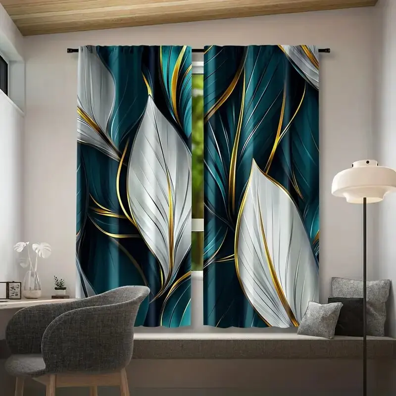 2pcs Modern Abstract Leaf Print Curtains, Contemporary Rod Pocket Design for Living Room Bedroom Home Decor