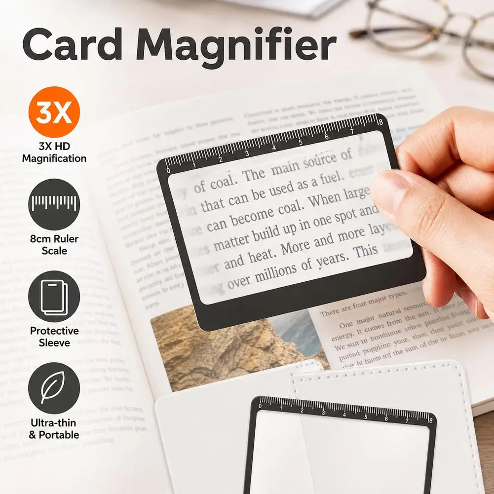 3X Portable Credit Card Size Magnifier with Ruler, Pocket Flat Bookmark Magnifying Glass for Elderly Reading Small Print Labels