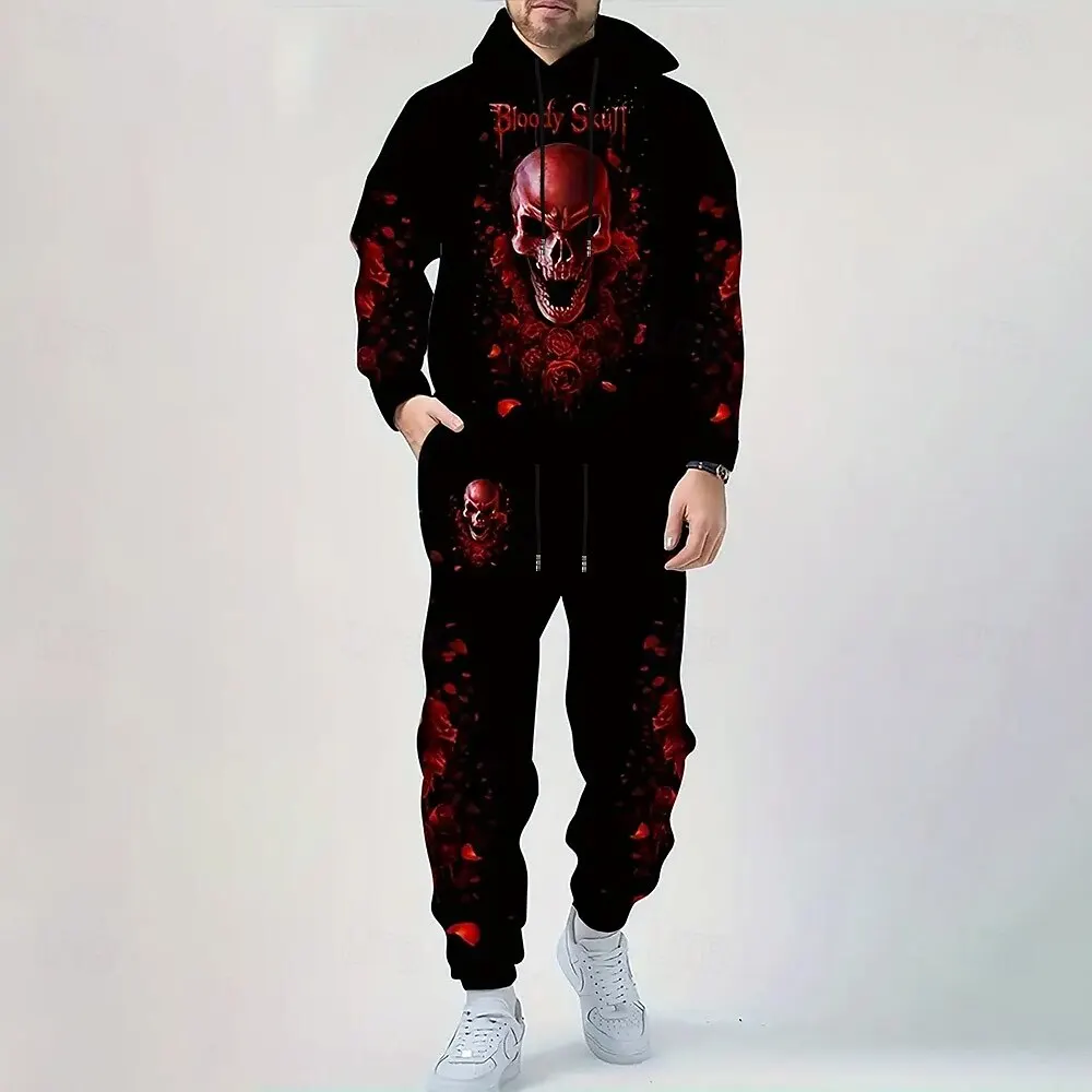 Conjuntos de sudaderas con capucha con estampado de calavera 3D para hombre, sudadera y pantalones de otoño e invierno, traje de 2 piezas, chándales informales de alta calidad a la moda