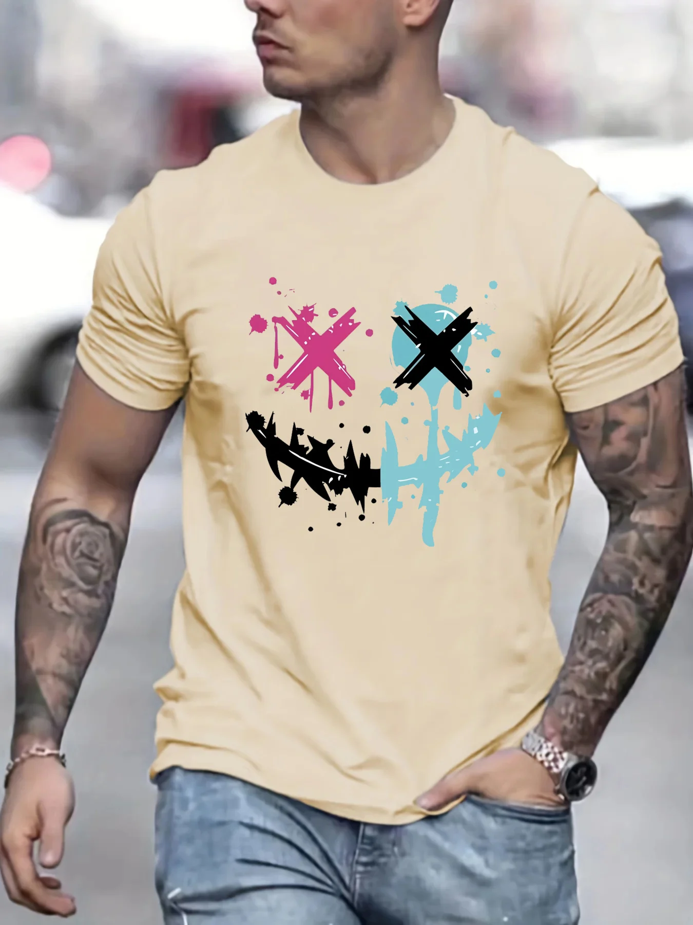 Summer men's 100% pure cotton casual loose size smiley face pattern printed sports comfortable round neck short sleeved T-shirt