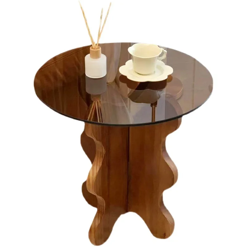 French vintage petal side table, solid wood INS wave coffee table, creative table, tempered glass small round table