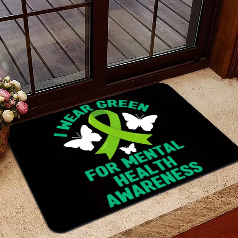 Green Ribbon Mental Health Awareness Support Mat for Bathroom Entrance Rug Gift for Mental Health Advocate