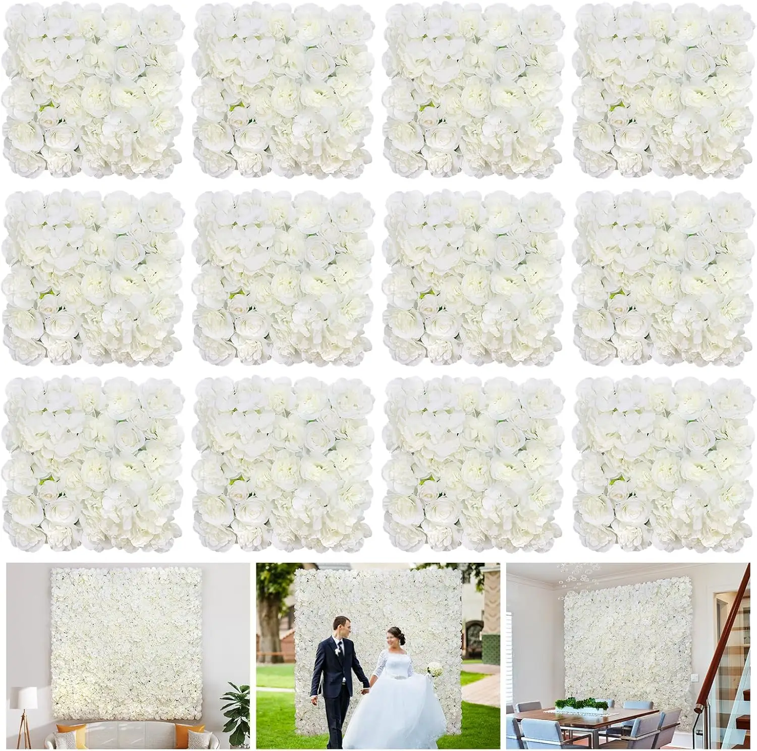 

Flower Wall Backdrop 12PCS 16.5x16.5 Inch Floral Wall Panel White Artificial Silk Rose Wall Decor Ideal for Wedding