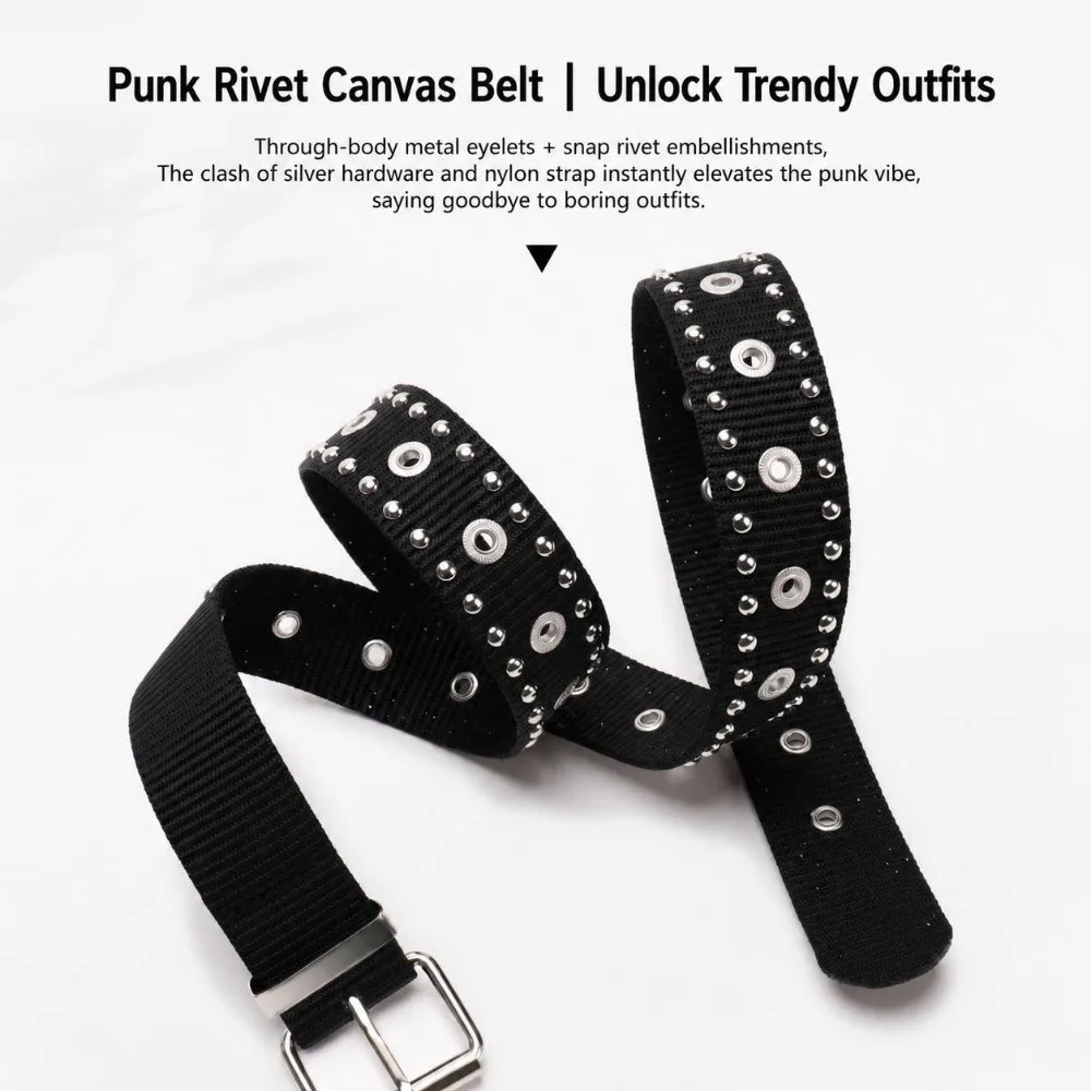 Full Metal Eyelet Canvas Waist Belt Hollow Out Unisex Fit Nylon Waist Belt Pin Buckle Adjustable Metal Buckle Punk Style Belt