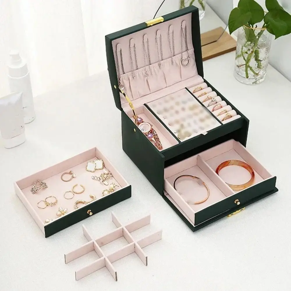 

Three layer Woman Jewelry Box Large Capacity Drawer style Jewelry Organizer Leather with Lock Earrings Bracelets Display Stand