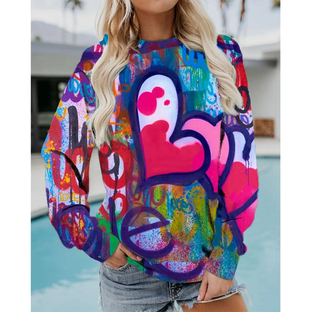 الملونة نمط القلب الكتابة على الجدران الفن الحب ثلاثية الأبعاد طباعة بلوزات المرأة طويلة الأكمام هوديس الشارع الشهير البلوفرات الملابس النسائية