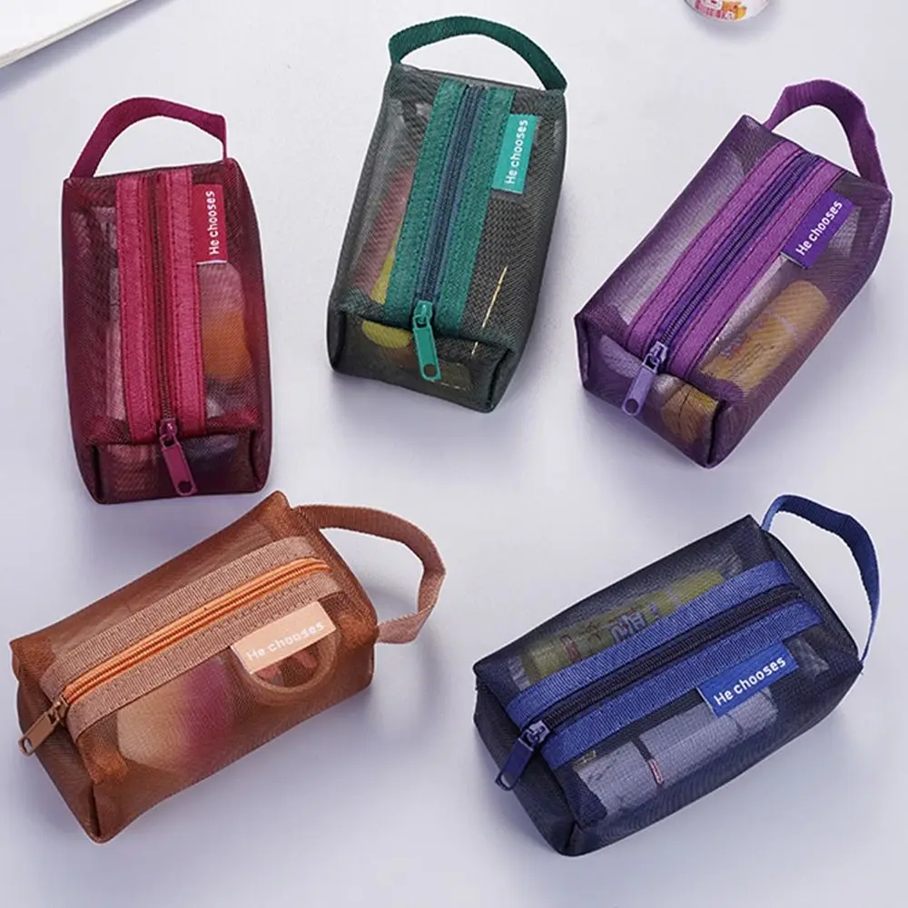 Fashion Portable Square Mesh Storage Pouch Lightweight Breathable Mini Zipper Coin Purse Large Capacity Stationery Case
