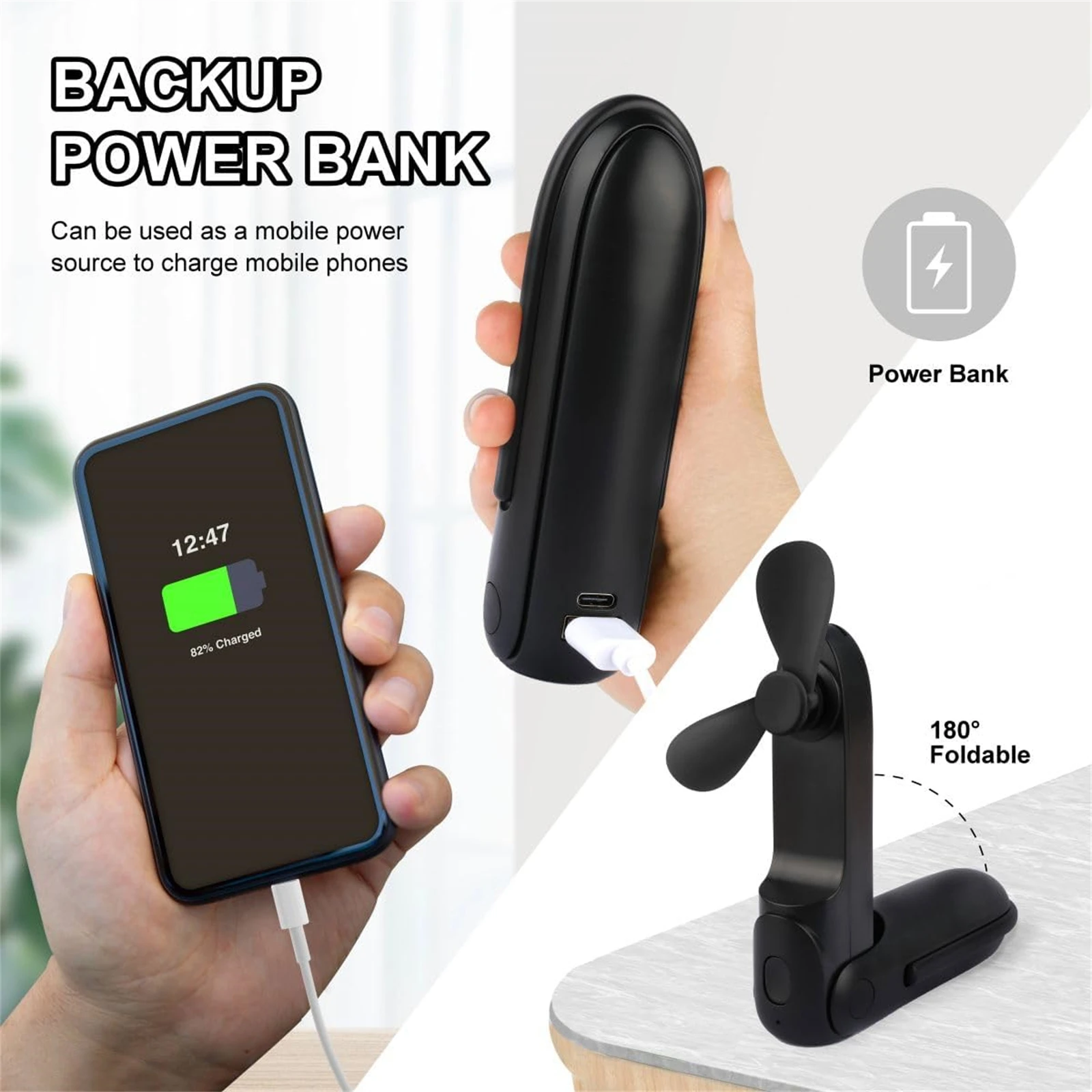 Mini Fan Handheld, 3 Speeds Handheld Fan, 3 in 1 Portable USB Fan with Flashlight Power Bank, for Travel, Home, Women, Makeup image 5