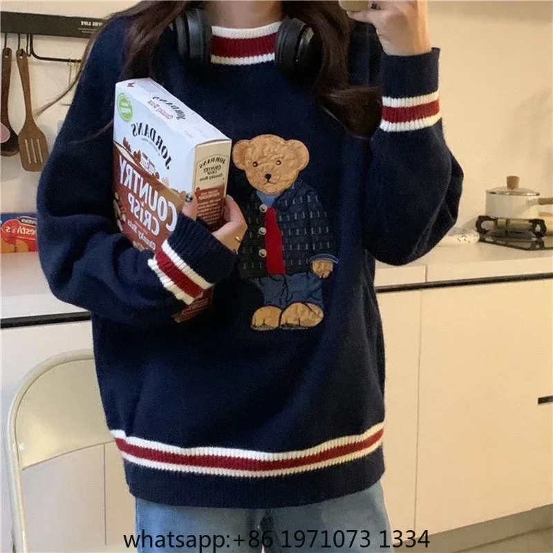 Vintage Cartoon Bear Embroidery Knitted Sweater Women Autumn Winter Harajuku Loose Pullover Korea Warm Sweet Kawaii Jumpers view 5