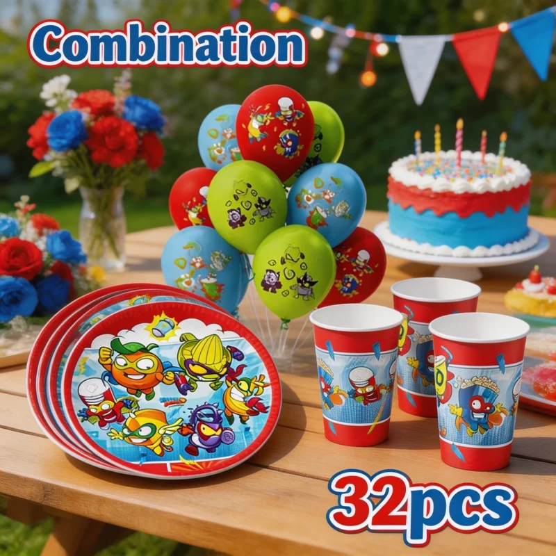 Kit d'organisation de fête d'anniversaire Superzings : Bannière combinée, ballons en latex, décorations festives et vaisselle jetable