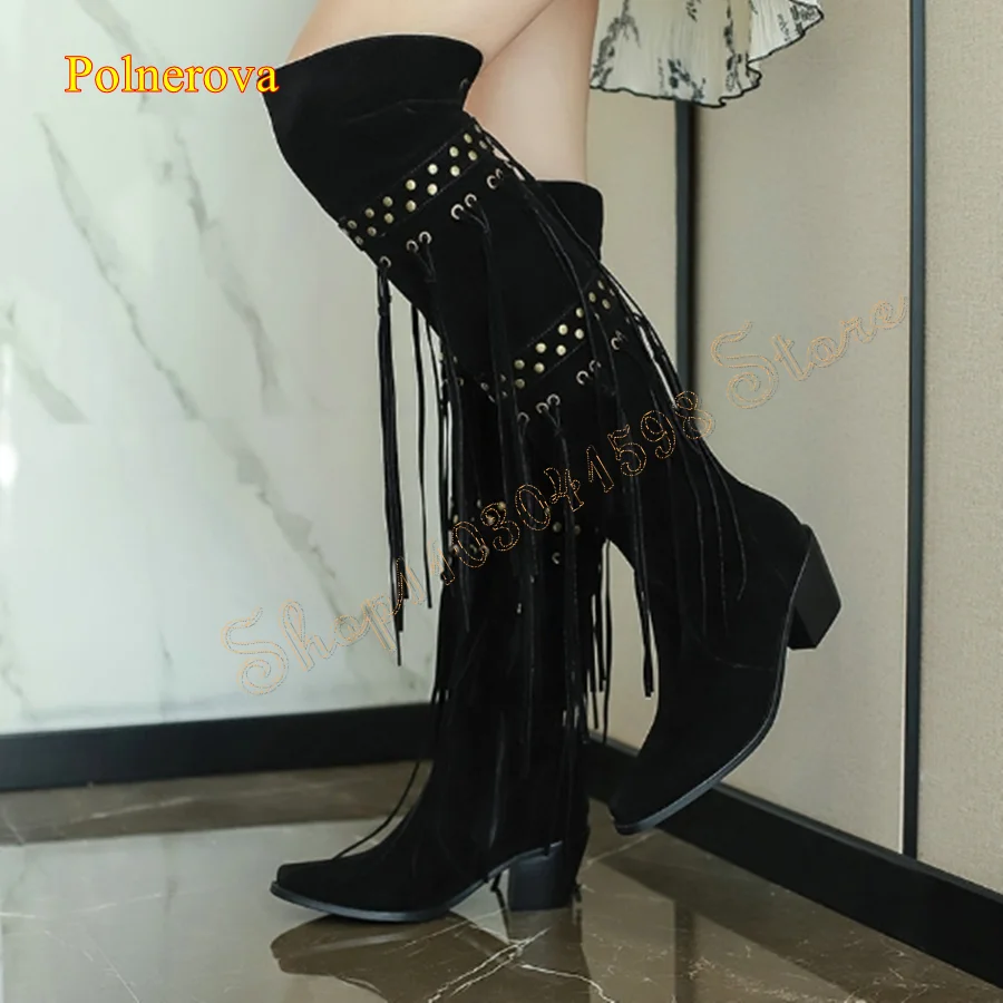 Fringed Leather Canvas Heeled Boots,Round Toe Chunky Heel Over The Knee Boots Zipper Women Boots2024 New Zapatos Para Mujere