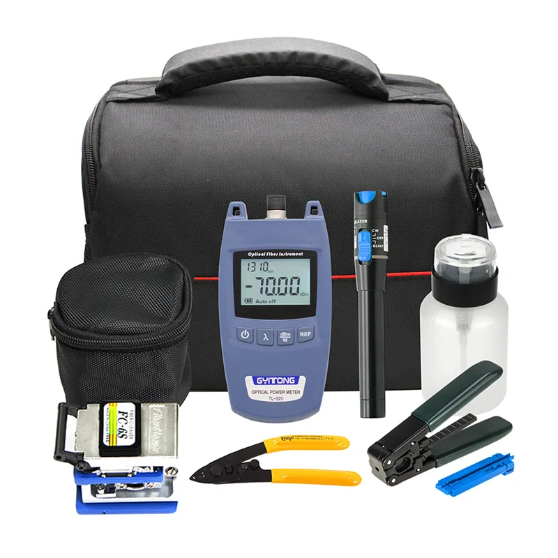 

Fiber Optic Tools Kits 8 in 1 FTTH fiber optic tool bag mini power meter + VFL + fiber stripper + fc-6s fiber cleaver+ CFS 2