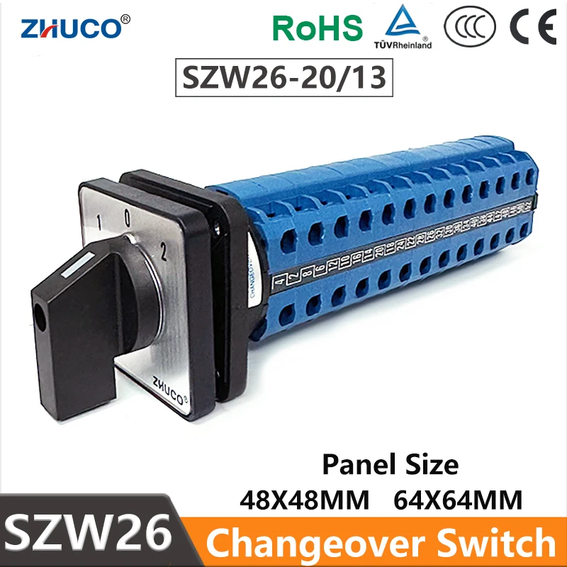 ZHUCO SZW26/LW26-20 13 Poles 1-0-2 3 Position 52 Terminals 20A Rotary Changeover Cam Universal Selector Switch 48X48 mm Panel