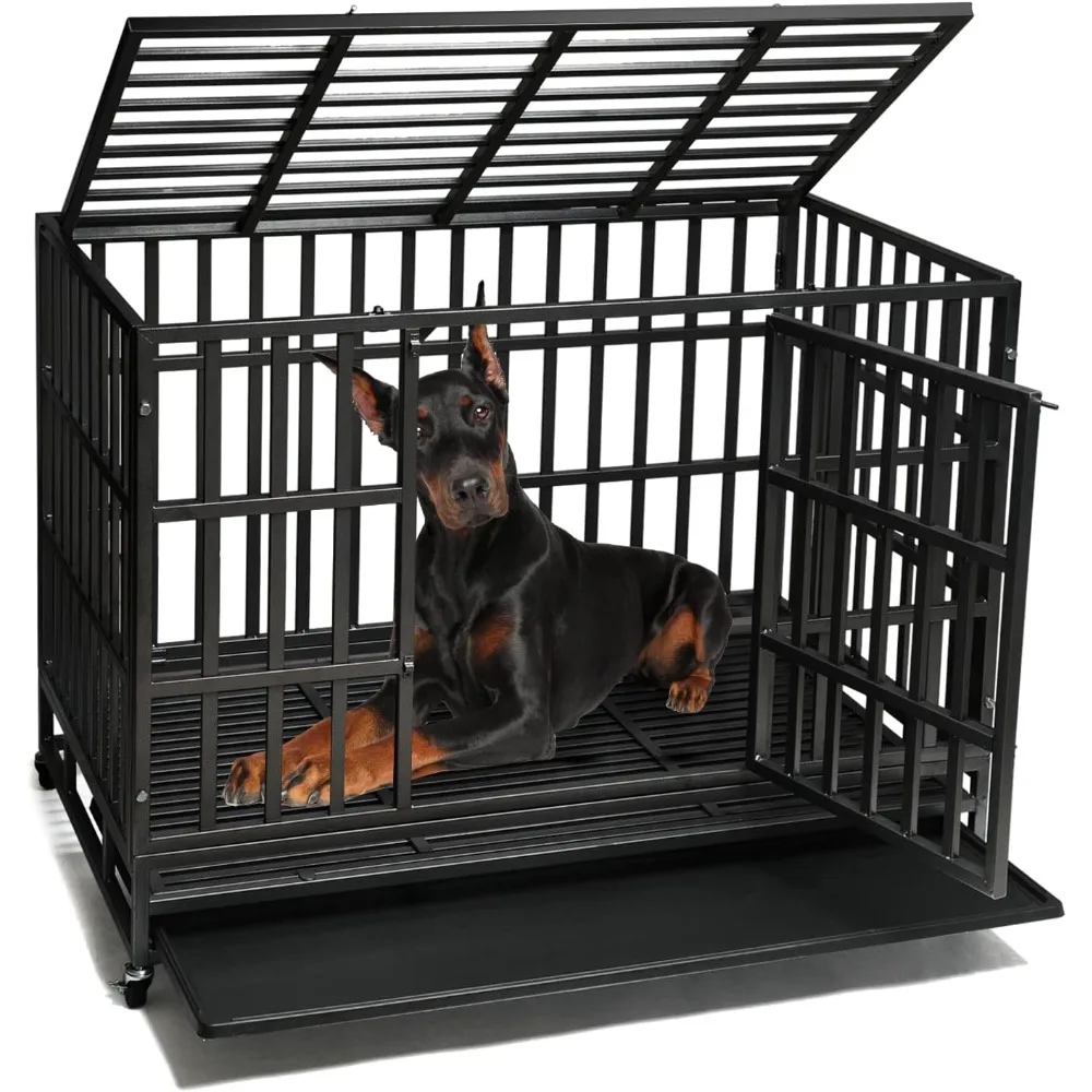 

Enhanced Heavy Duty Dog Kennel Crate Cage with Strong Metal Frame, Double Doors and Lockable Wheels, for Extra Large Dog Breeds,