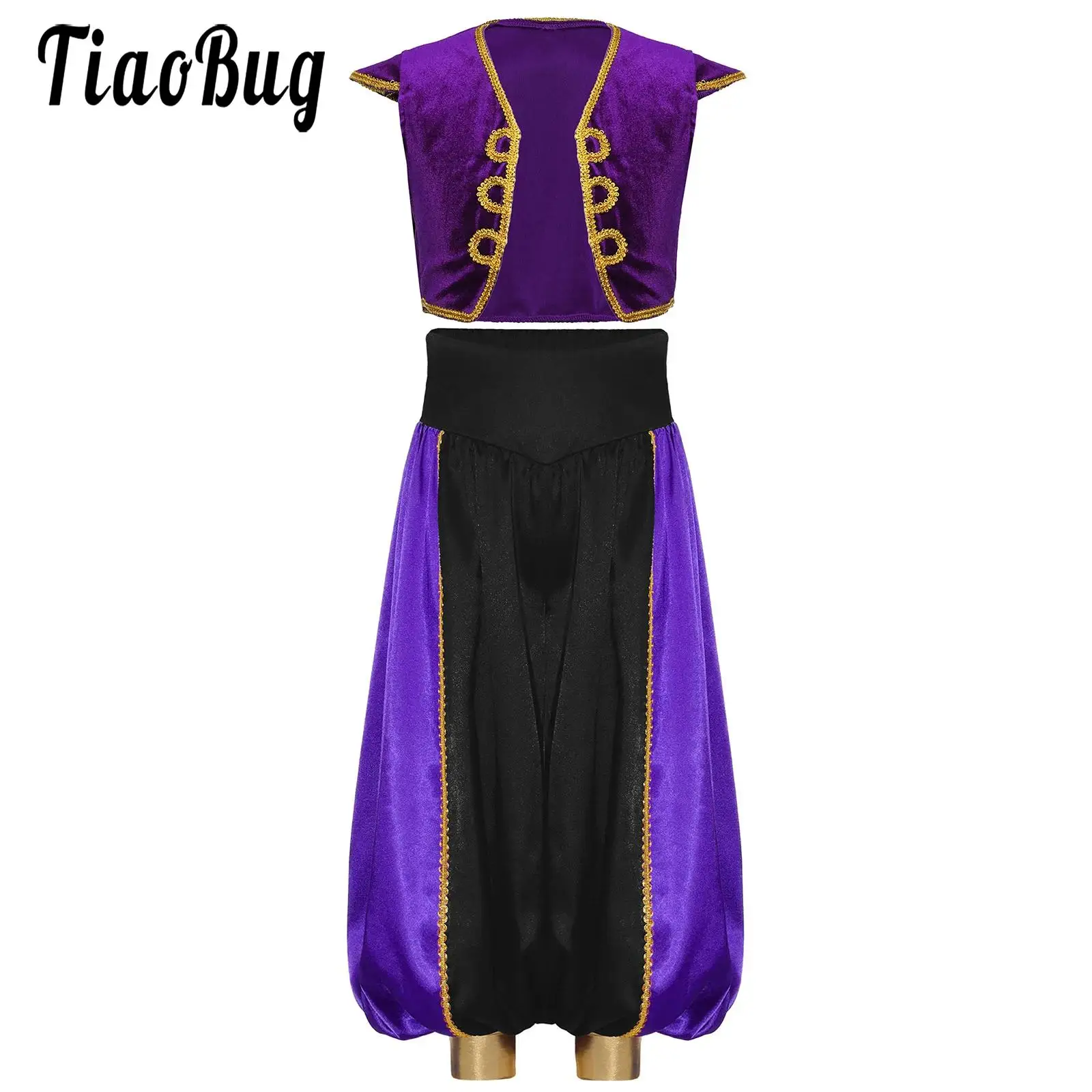 Kids Boys Arabian Prince Costume Set Cap Sleeve Braided Trim Vest Waistcoat and Arabian Dance Pants for Halloween Carnival Party