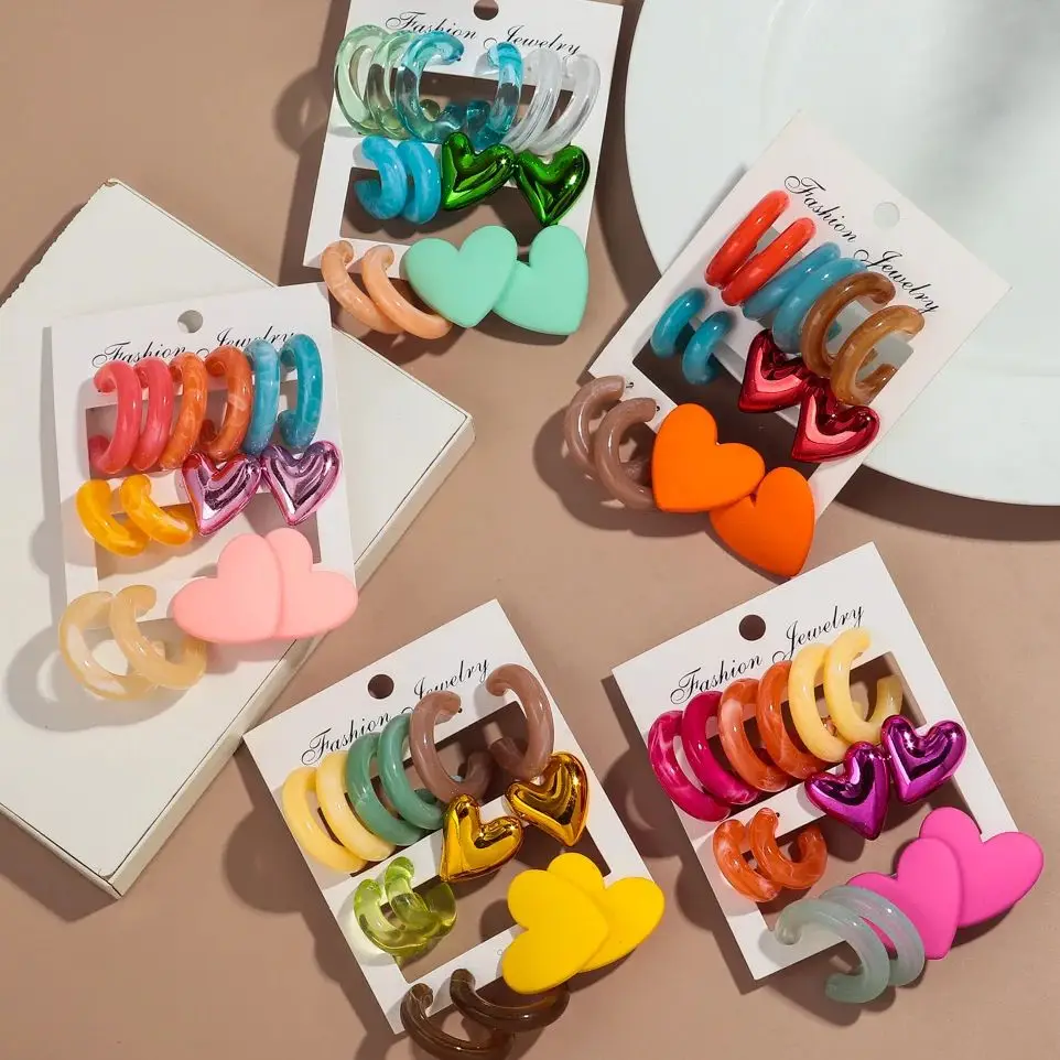 

Summer Fashion 7Pair Geometric Acrylic Earrings for Women Colorful Resin Circle Hoops Heart Ear Stud Jewelry Set Birthday Gifts