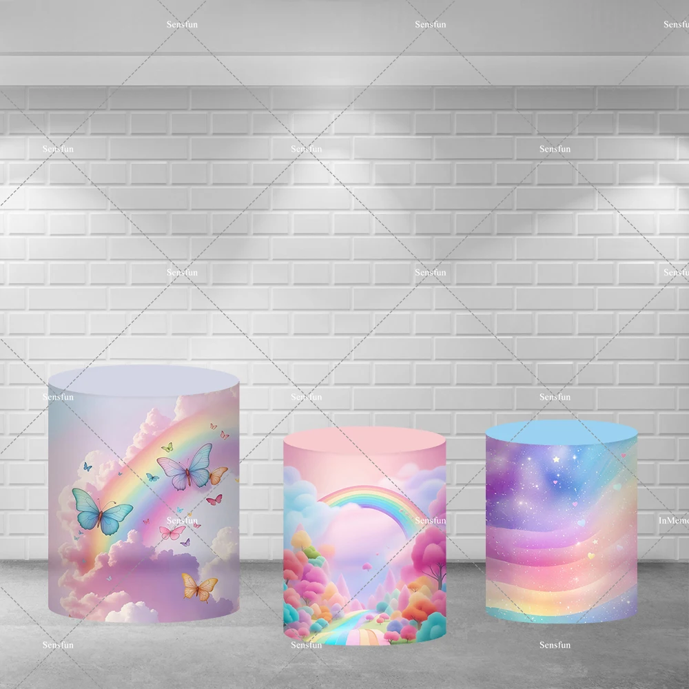 Flowers Butterfly Unicorn Round Backdrop For Fairy Girl Newborn Baby Shower 1st Birthday Party Background Rainbow Plinth Covers