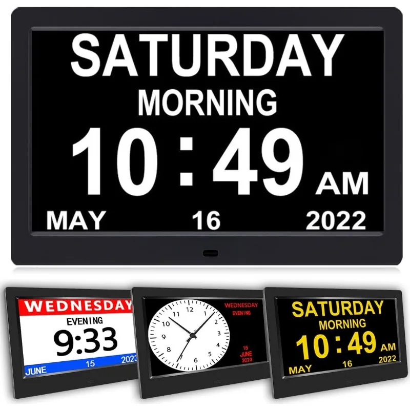 

AINFTIME Clock with Day and Date for Elderly-3 Colors Display Digital Calendar Alarm Clock Dementia Alzheimers Clock