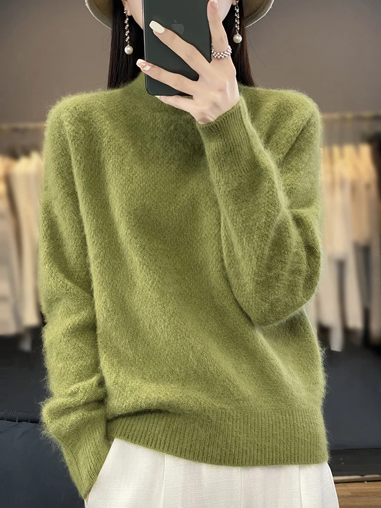Sweater rajut Mink mewah wanita, Sweater wol edisi Korea kerah