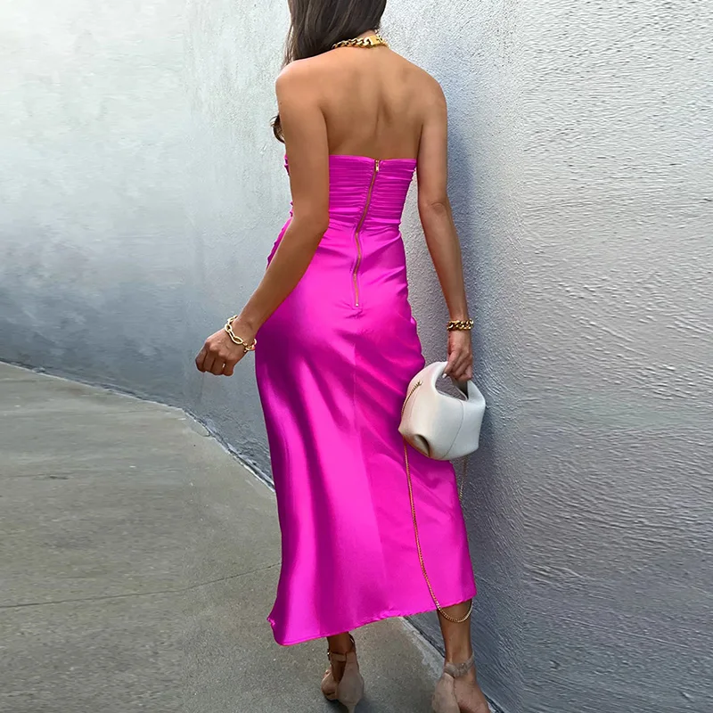 Women Elegant Backless Slim Sleeveless Long Dress Fashion Off Shoulder Party Dress Sexy Strapless Hollow Out Lady Satin Dresses