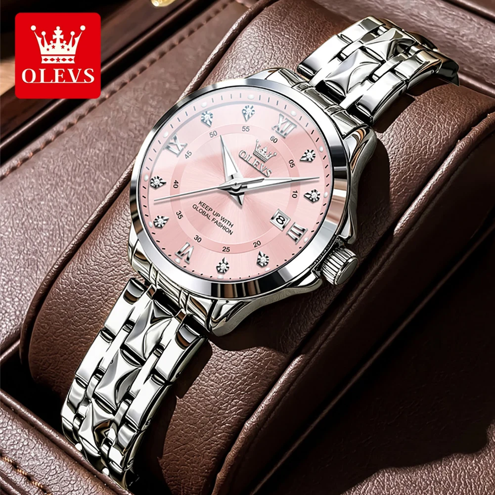 OLEVS Women's Quartz Watch Hot Sale Diamond Scale Auto Date Waterproof Luminous Original Stainless Steel Ladies Wristwatch 2906